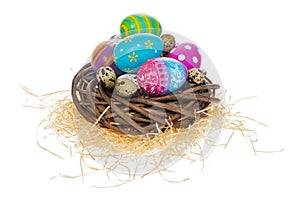 Handpainted Easter eggs in multicolored patterns and decors in n