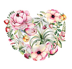 Handpainted illustration.Watercolor heart with peony,field bindweed,branches,lupin,air plant,strawberry photo