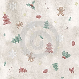 handpainted seamless repetitive christmas pattern, with tree, gingerbread man and candy cane on watercolor background