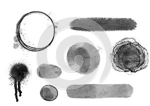 Handpainted watercolor black vector set of circle brush strokes and ink stains and blots grunge