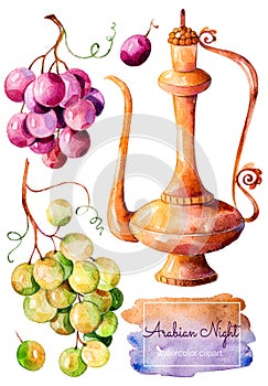 Handpainted watercolor collection with gold ewer and bunch of grapes