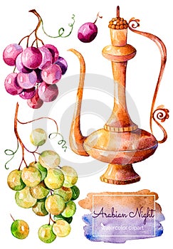 Handpainted watercolor collection with gold ewer and bunch of grapes photo