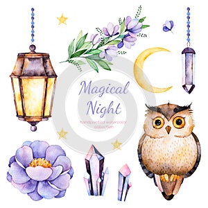 Handpainted watercolor flowers,leaves,moon and stars,night lamp,crystals and cute owl.