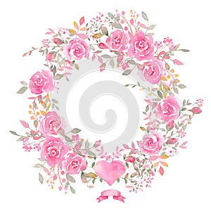 Handpainted watercolor wreath with rose flowers.