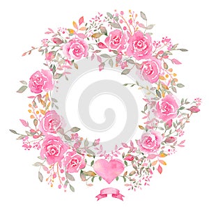Handpainted watercolor wreath with rose flowers. photo