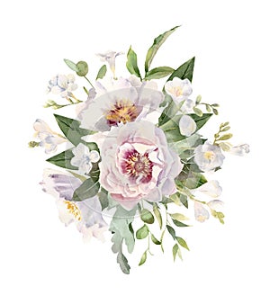 Handpainted watercolor wreath of white freesias and peonies