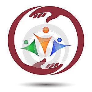 Rounded helping hands and active victory people unifying logo