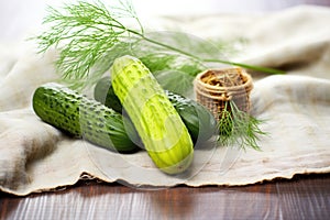 handpicked dill and cucumber on rustic cloth