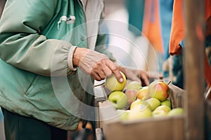 handpicking an apple from a fruit stand