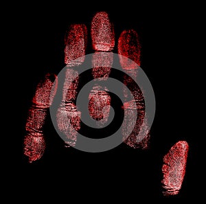 Handprint on black background, red color