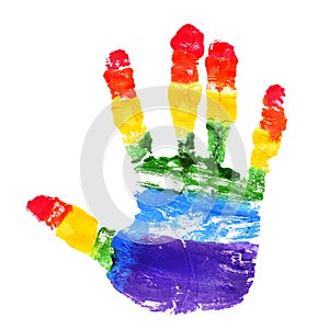 Handprint with the colors of the rainbow flag