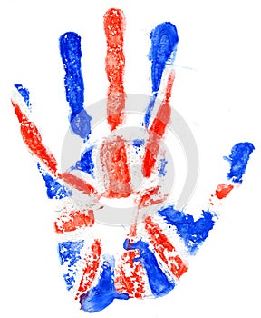 Handprint of a Great Britan flag on a white