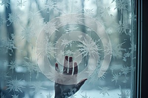 handprint snowflakes stuck on frosty window glass