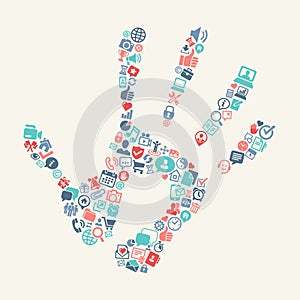 Handprint with web icons background