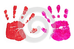 Handprints by children isolated on a white background