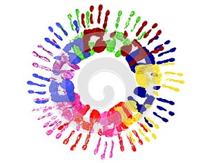 Children handprints circle multicolor isolated on white background