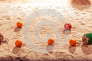 Handrawed Summer sign on sand beach with sun oranges palm leaf and ocean