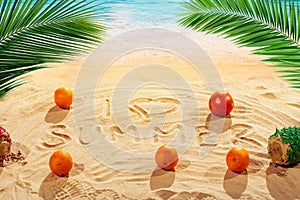 Handrawed Summer sign on sand beach with sun oranges palm leaf and ocean