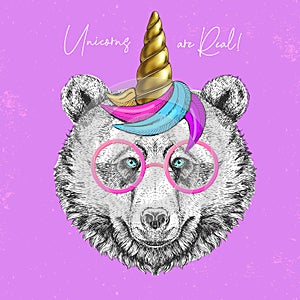 Handrawing animal bear wearing cute glasses with unicorn horn. T-shirt graphic print.