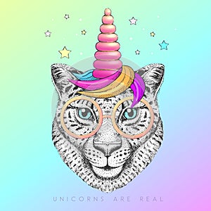 Handrawing animal cheetah wearing cute glasses with unicorn horn. T-shirt graphic print.