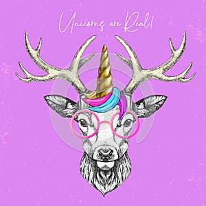 Handrawing animal deer wearing cute glasses with unicorn horn. T-shirt graphic print.
