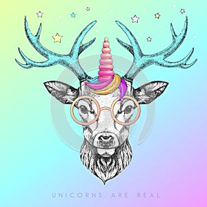 Handrawing animal deer wearing cute glasses with unicorn horn. T-shirt graphic print. photo