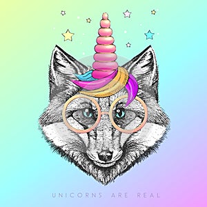 Handrawing animal fox wearing cute glasses with unicorn horn. T-shirt graphic print.