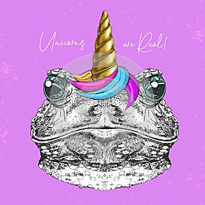 Handrawing animal frog wearing cute glasses with unicorn horn. T-shirt graphic print. photo