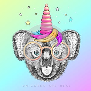 Handrawing animal koala wearing cute glasses with unicorn horn. T-shirt graphic print.