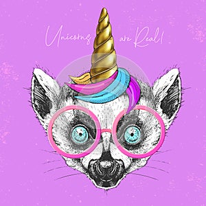 Handrawing animal lemur wearing cute glasses with unicorn horn. T-shirt graphic print.