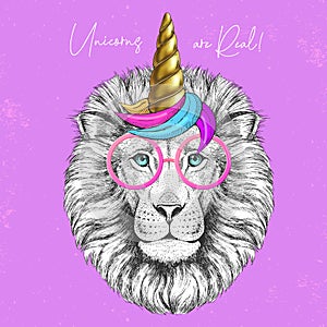 Handrawing animal lion wearing cute glasses with unicorn horn. T-shirt graphic print.