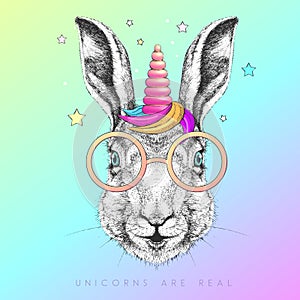 Handrawing animal rabbit wearing cute glasses with unicorn horn. T-shirt graphic print.