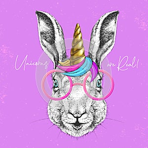 Handrawing animal rabbit wearing cute glasses with unicorn horn. T-shirt graphic print. photo