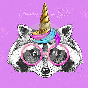 Handrawing animal raccoon wearing cute glasses with unicorn horn. T-shirt graphic print.
