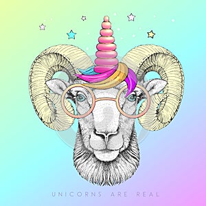 Handrawing animal ram wearing cute glasses with unicorn horn. T-shirt graphic print. photo
