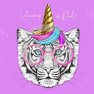 Handrawing animal tiger wearing cute glasses with unicorn horn. T-shirt graphic print.
