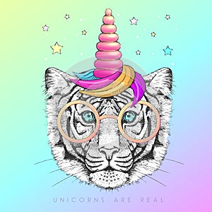 Handrawing animal tiger wearing cute glasses with unicorn horn. T-shirt graphic print.