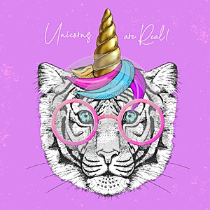 Handrawing animal tiger wearing cute glasses with unicorn horn. T-shirt graphic print. photo