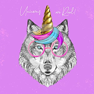 Handrawing animal wolf wearing cute glasses with unicorn horn. T-shirt graphic print.