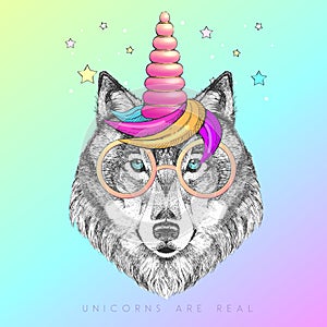 Handrawing animal wolf wearing cute glasses with unicorn horn. T-shirt graphic print. photo