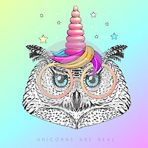 Handrawing bird owl wearing cute glasses with unicorn horn. T-shirt graphic print.