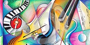 Handrawing music art, colourfull sound, music instruments