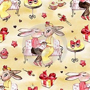 Handrawn bunny in love. Valentine`s Day. Rabbits and heart. Watercolor illustration on white background. Postcard. Set