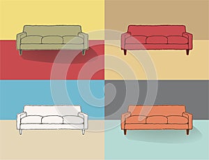 Handrawn couch design in four different colors