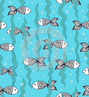 Handrawn cute fish pattern underwater vector