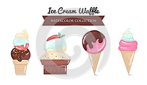 Handrawn watercolor ice cream and waffle photo