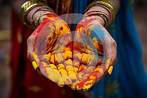 Hands adorned with bright and colorful Holi festival pigments