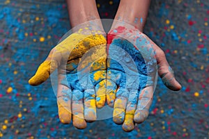 Hands adorned with Holi paint