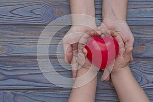 The hands of an adult and a child are held in the red heart, health insurance