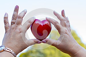 Hands for adults and children with red heart, health care, love, organ donation